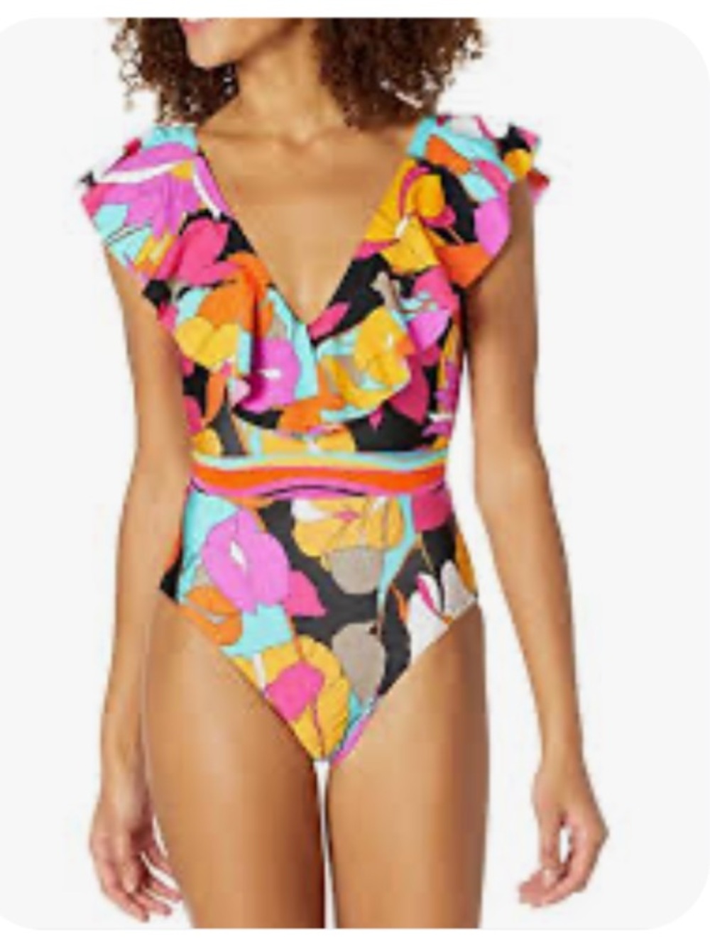 Trina Turk Gemini Plunge Ruffle Multi-Color One Piece Swimsuit Size 8 - Picture 3 of 12
